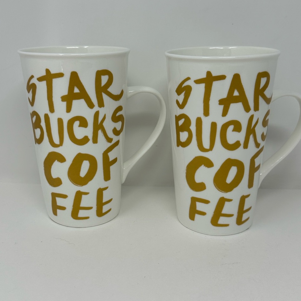 Lot of 2 2015 Starbucks White & Gold Graffiti Tall Tea Coffee Mug 16 Fl Oz Y3